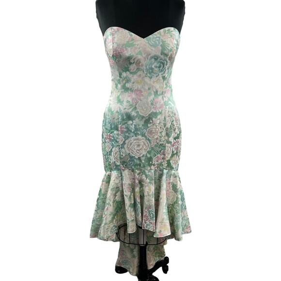 VINTAGE Strapless Floral Mermaid Dress Green Pink Satin Body Hugging Midi OOAK - Picture 1 of 7